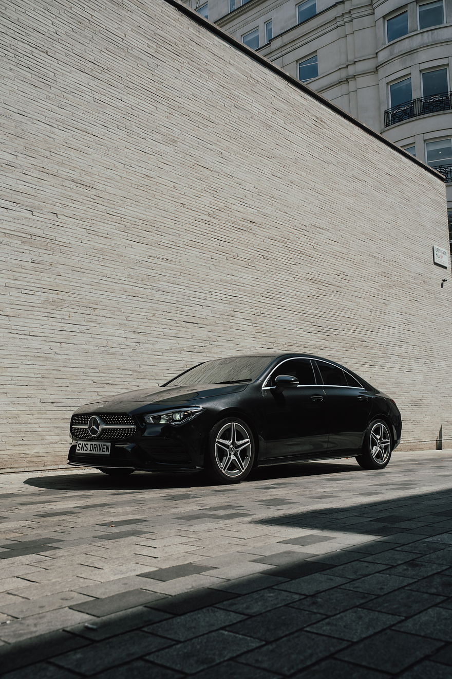 Mercedes Benz CLA200, front three-quarter view outside the SNS building on Grosvenor Hill