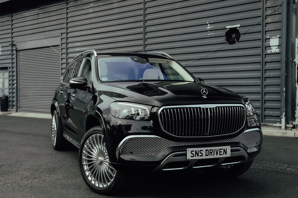 Black Mercedes-Maybach GLS600, front three-quarter view